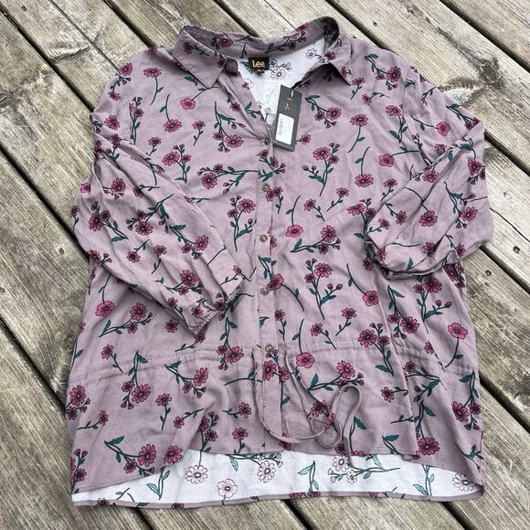 Lee Tops - Lee Women Titanium Purple Floral Rayon Button Down Blouse XL NWT 112327543